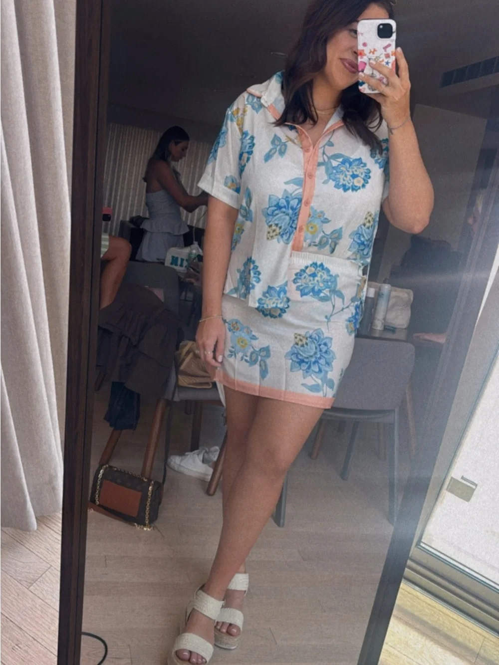 SHEIN White Mini Skirt Set with Blue Floral and Pink Trim